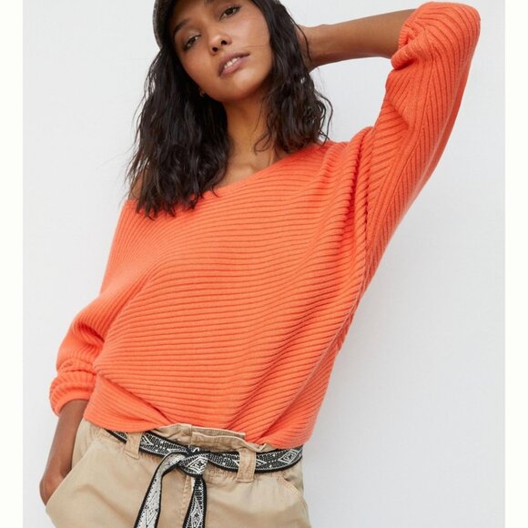 Anthropologie Kendall Cropped Ribbed Knit Orange Coral Sweater Small - Picture 3 of 10